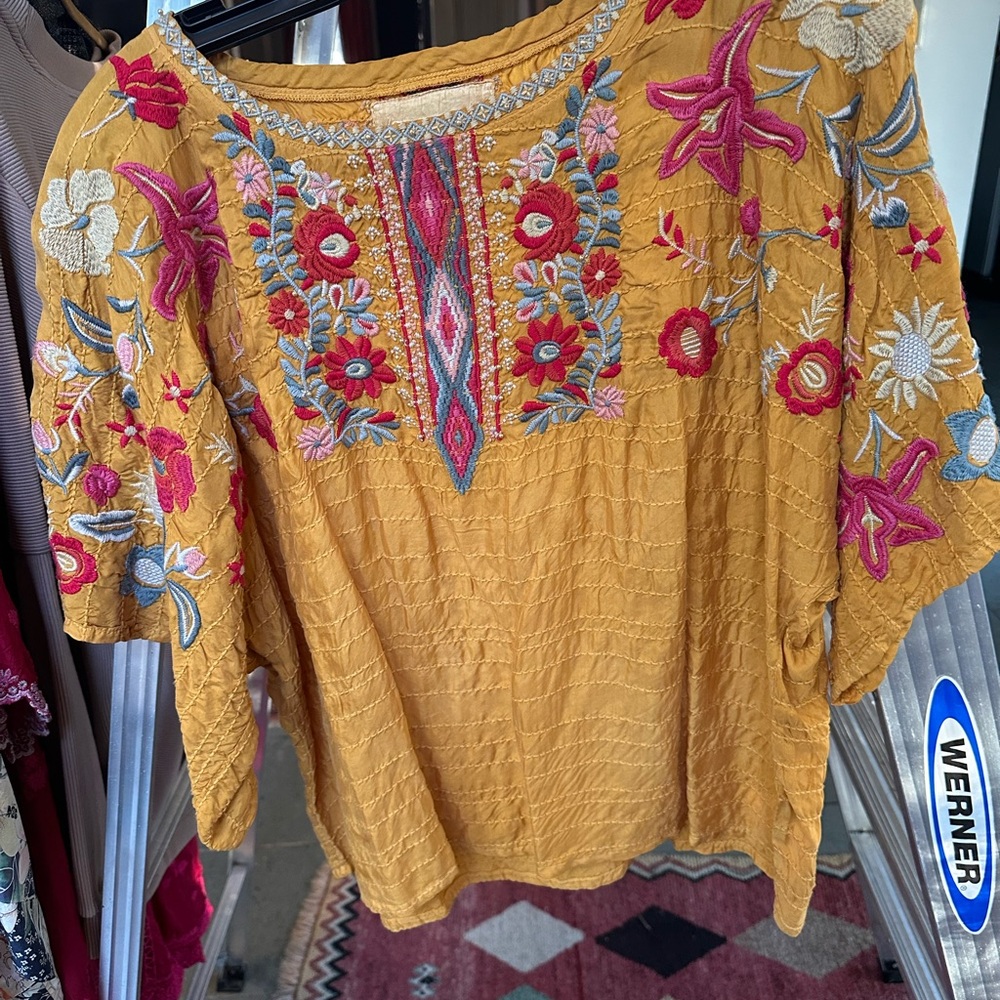 Johnny Was Mustard Embroidered Floral Blouse